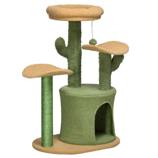 Multi-Lever Cat Tree with Scratching Post and Cat House Bed, Green Pawhut