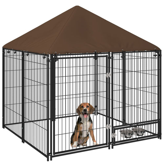 Outdoor Dog House Kennel with Canopy Top & Secure Lock Rotating Bowl Holder
