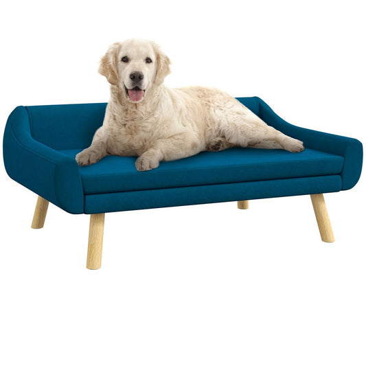 PawHut Dog Sofa Bed Raised Couch with Wooden Frame and Soft Cushion, Blue