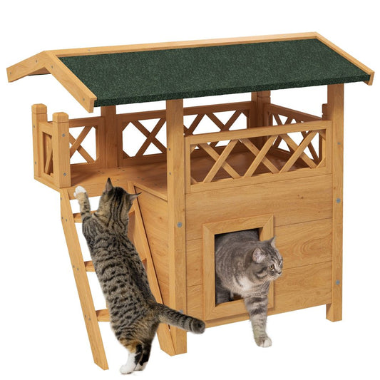PawHut Outdoor Cat House with Balcony Stairs Roof, Natural Wood Finish
