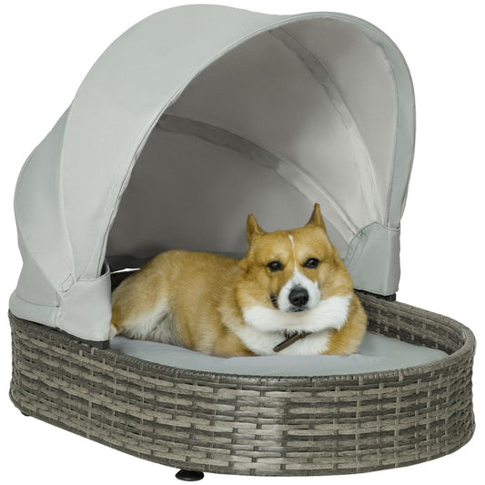 Wicker Pet Bed for Small Medium Dogs W/ Adjustable Canopy Cushion, Grey Pawhut