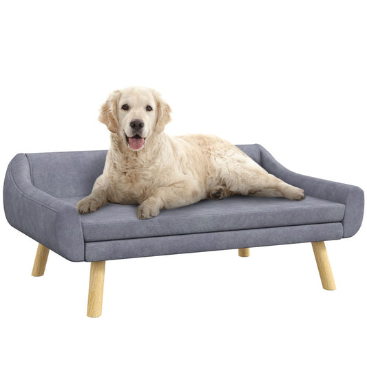 PawHut Dog Sofa Bed Raised Couch with Wooden Frame and Soft Cushion, Grey