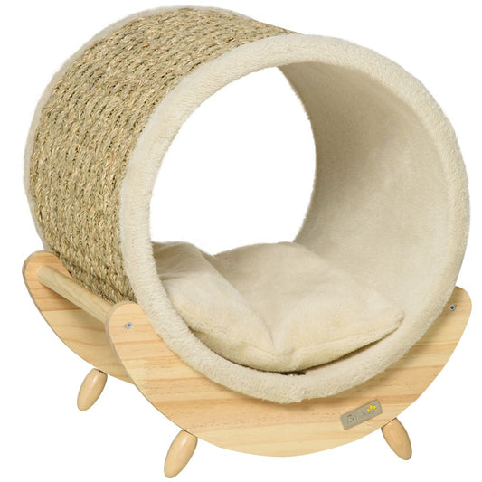 Elevated Cat House Kitten Bed Pet Shelter with Scratcher Cushion, Beige