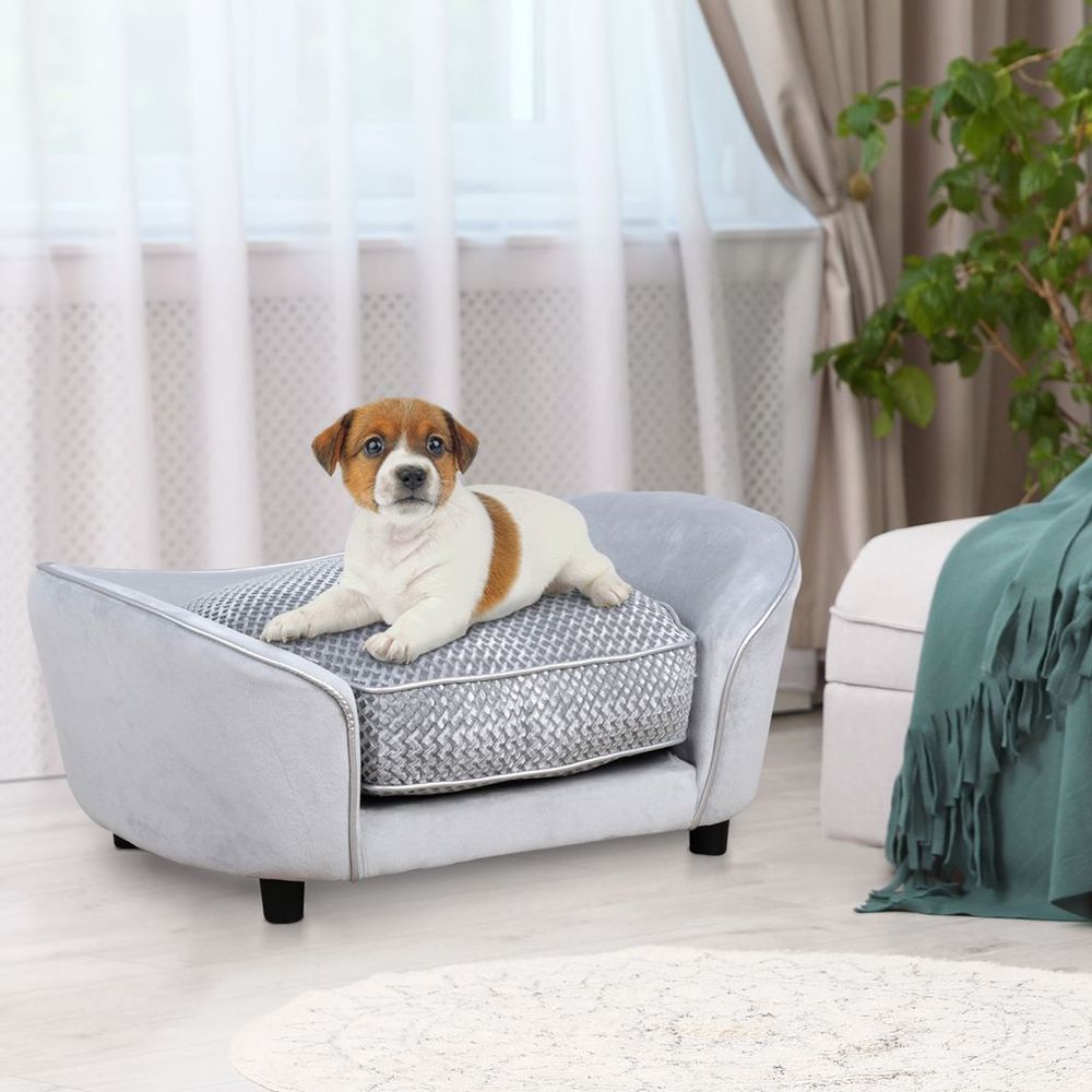 Dog Sofa Pet Couch Bed Kitten Lounge Soft Padded w/ Wooden Frame for XS S Dogs