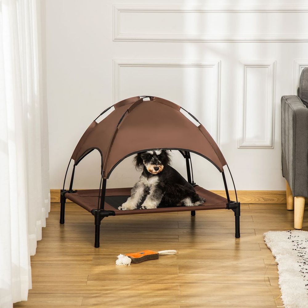 PawHut 76cm Elevated Dog Bed Cooling Raised Pet Cot UV Protection Canopy Coffee