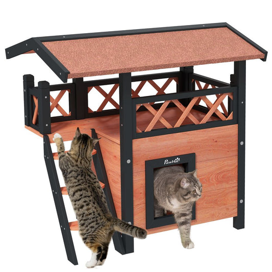 PawHut Outdoor Cat House with Balcony Stairs Roof, Brown