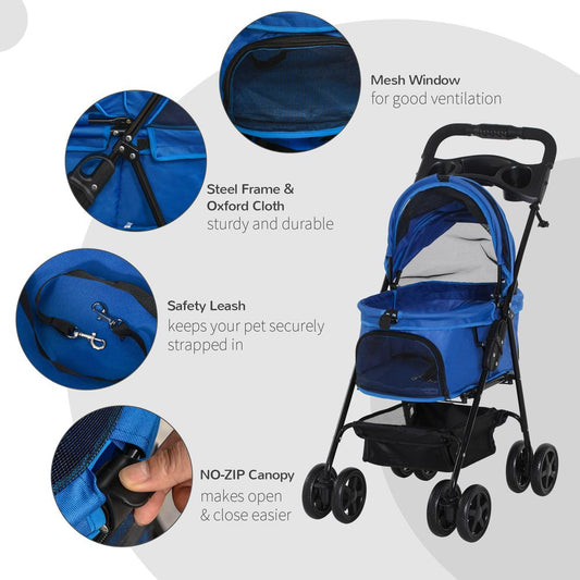 Pet Stroller  Foldable Travel Carriage with Brake Basket Adjustable Canopy