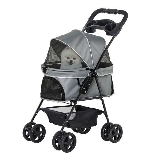 Pet Stroller No-Zip Foldable Travel Carriage with Brake Basket Adjustable Canopy