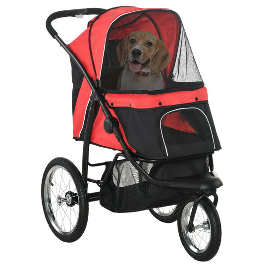 Foldable Pet Stroller Jogger w/ Canopy, Three Wheels, for Medium Dogs - Red