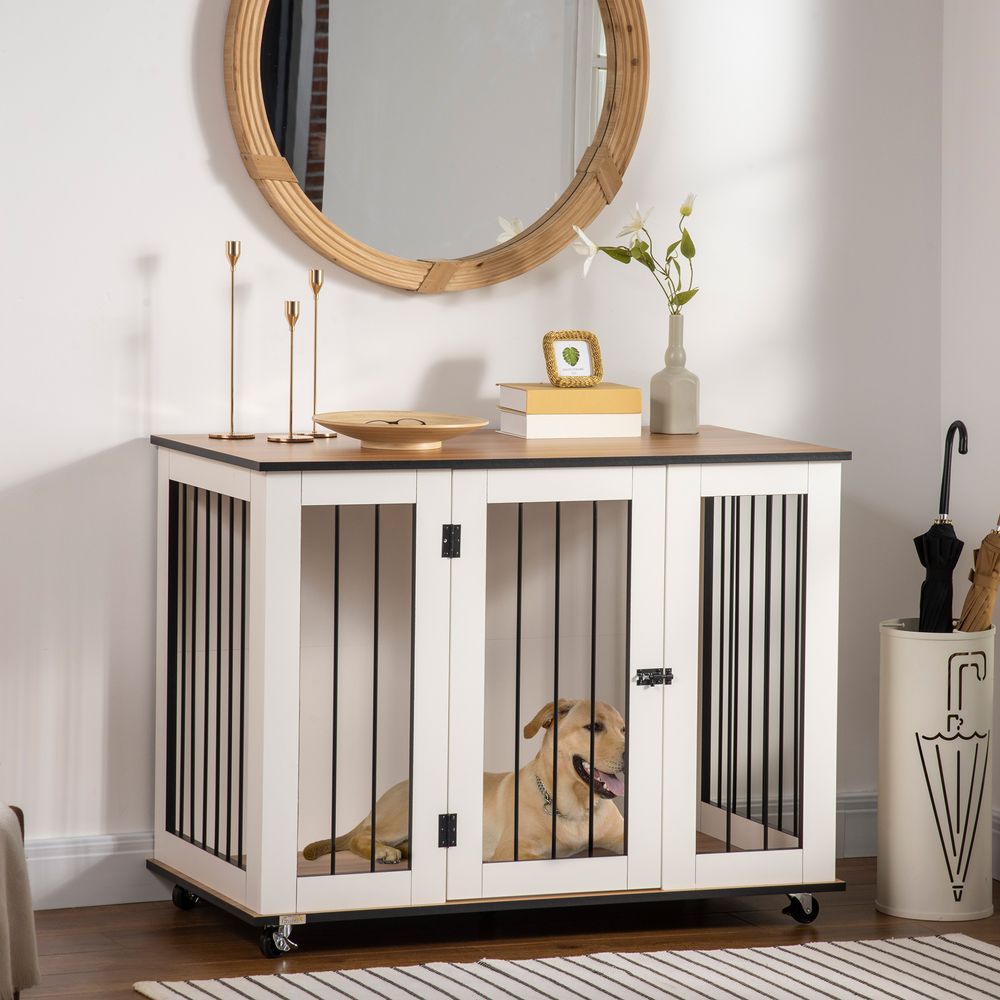 Dog Crate Furniture End Table w/ Lockable Door, for Large Dogs - White Pawhut