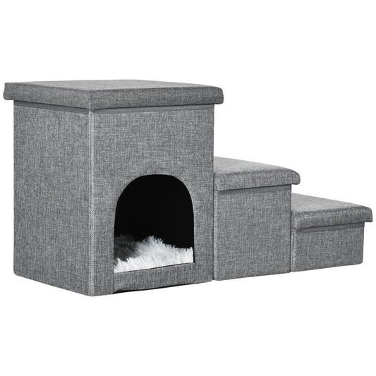 PawHut 3 Step Dog Steps for Bed w/ Cat House Storage Boxes for Sofa Grey