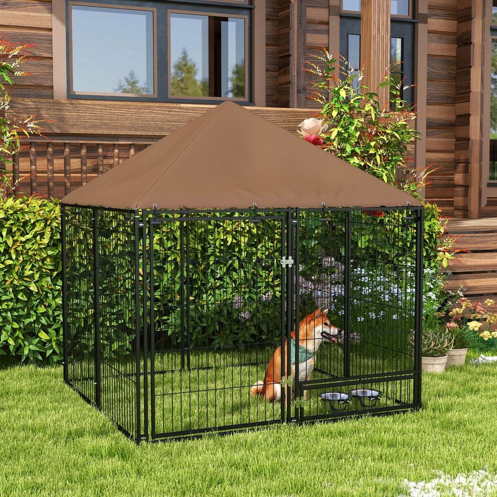 Outdoor Dog House Kennel with Canopy Top & Secure Lock Rotating Bowl Holder