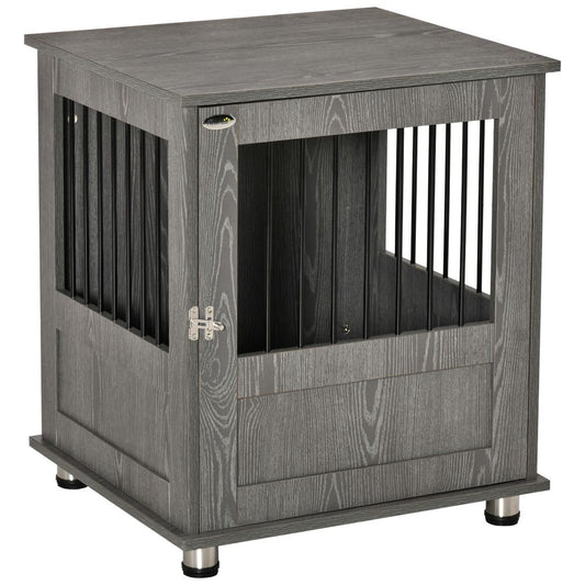 Wooden & Wire Dog Crate with Surface, Stylish Pet Kennel, Magnetic Doors, Grey