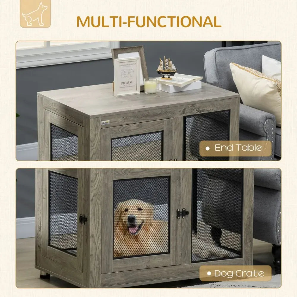 Dog Kennel Furniture End Table w/ Two Doors, Soft Cushion for Large Medium Dogs