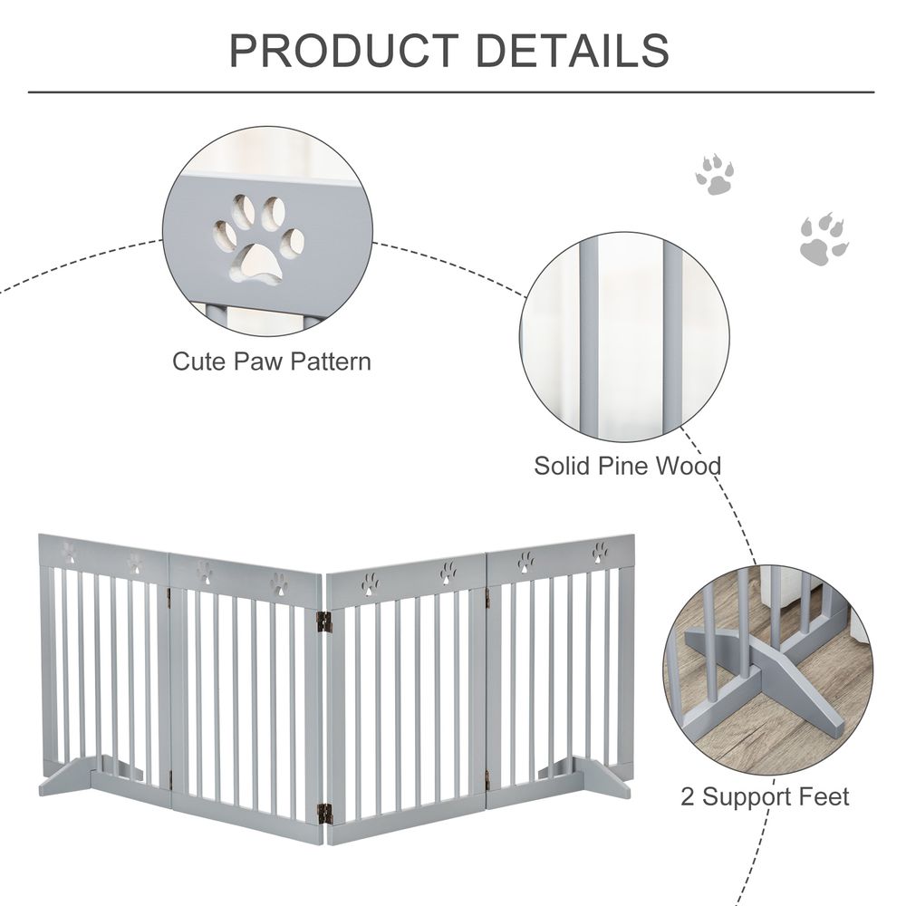 Freestanding Pet Gate 4 Panel Folding Wooden Dog Barrier  w/ Support Feet