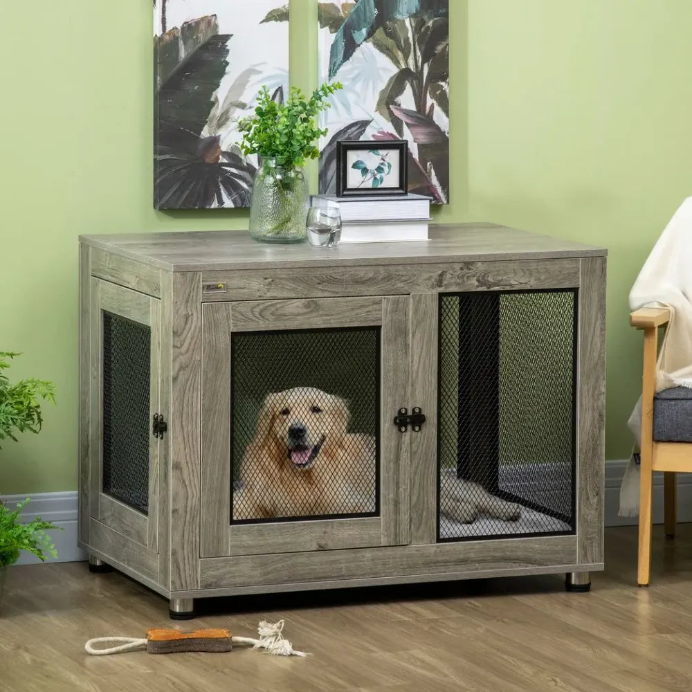 Dog Kennel Furniture End Table w/ Two Doors, Soft Cushion for Large Medium Dogs