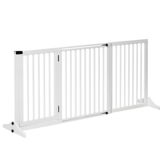 Freestanding Length Adjustable Wooden Pet Gate with Lockable Door 3 Panels White