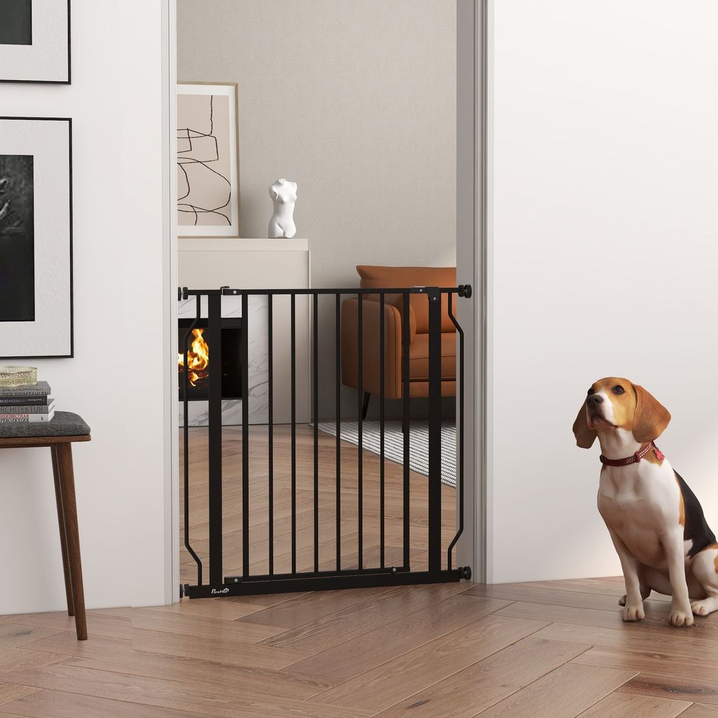 PawHut Dog Gate Wide Stair Gate w/ Door Pressure Fit, 75-85W cm, Black