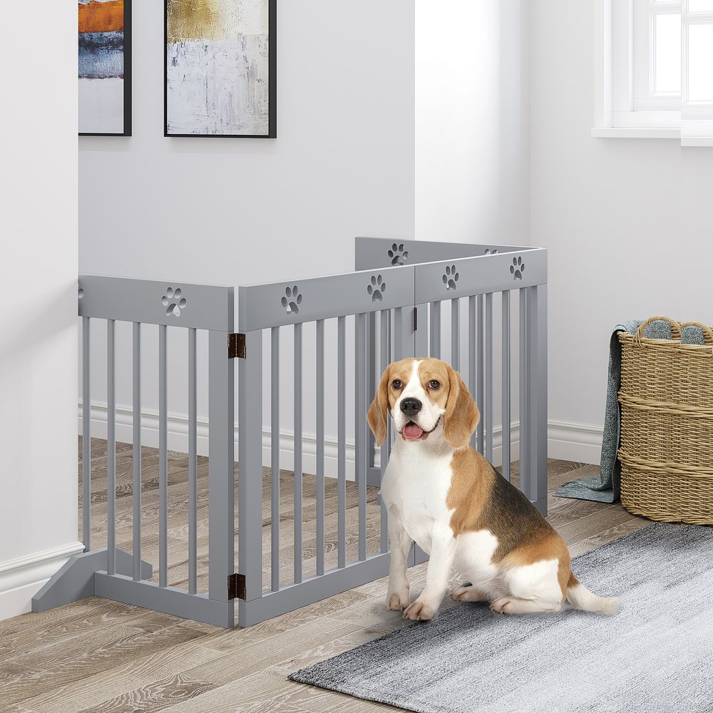 Freestanding Pet Gate 4 Panel Folding Wooden Dog Barrier  w/ Support Feet