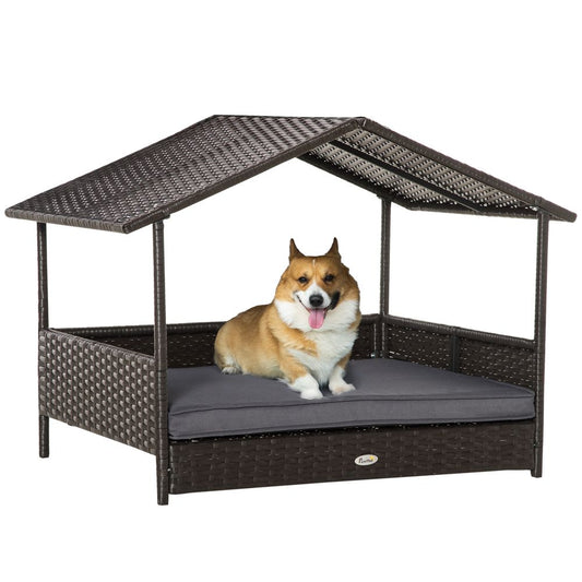 Wicker Dog House, Rattan Pet Bed with Soft Cushion, Cat Basket - Grey