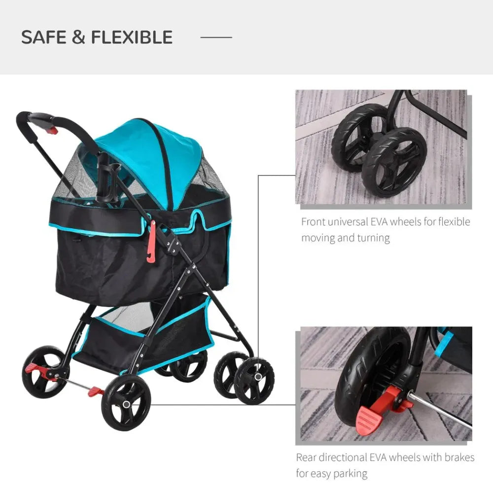 Pet Stroller Foldable Carriage w/ Brake Basket Adjustable Canopy Removable Cloth