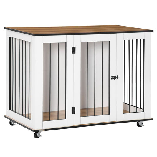 Dog Crate Furniture End Table w/ Lockable Door, for Large Dogs - White Pawhut