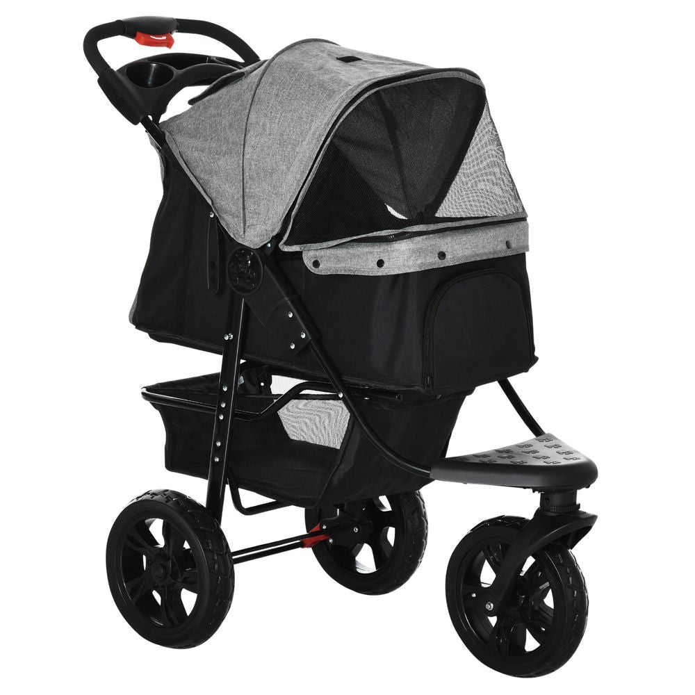 Folding 3 Wheel Pet Stroller Travel w/ Adjustable Canopy Storage Brake Grey