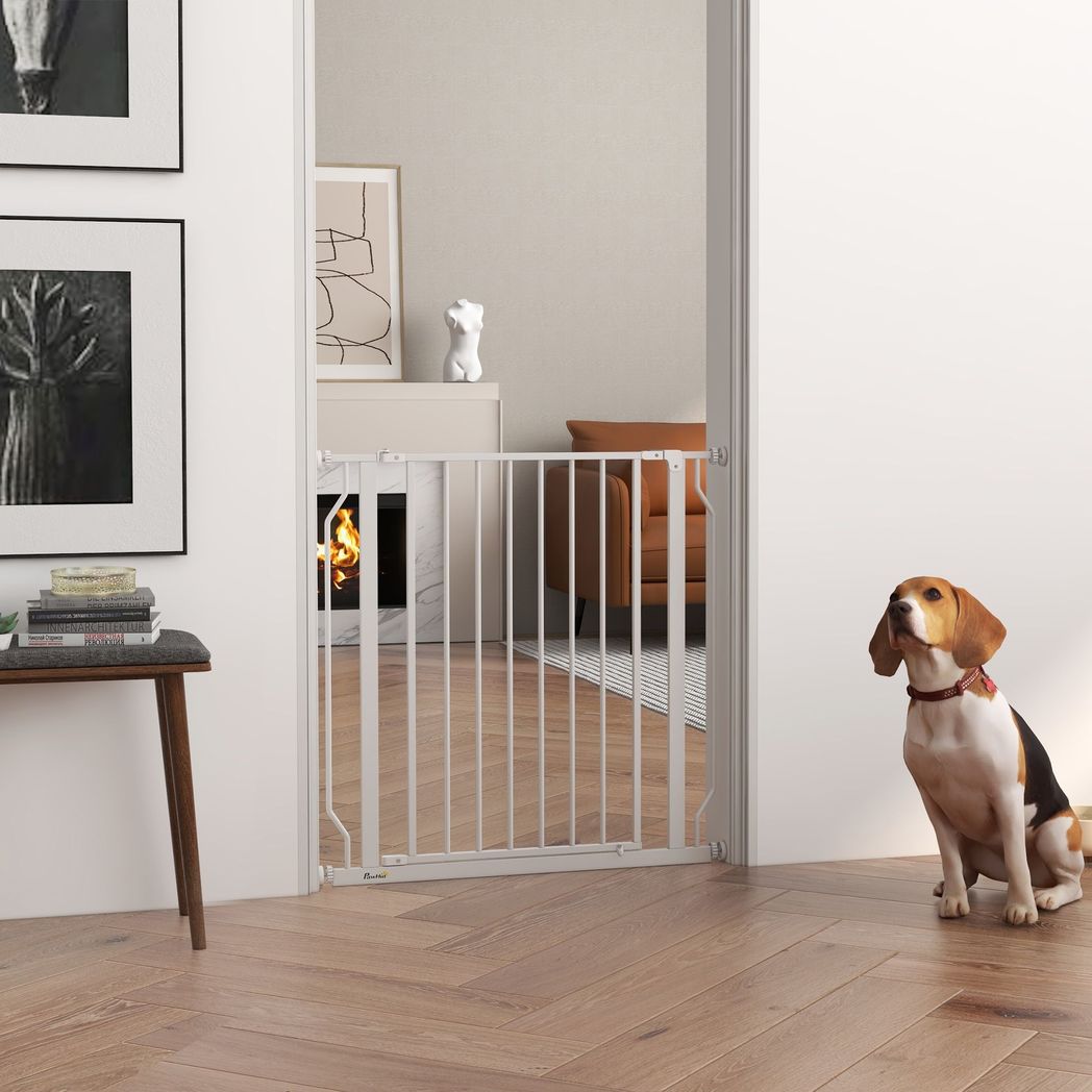 PawHut Dog Gate Wide Stair Gate w/ Door Pressure Fit, 75-85W cm, White