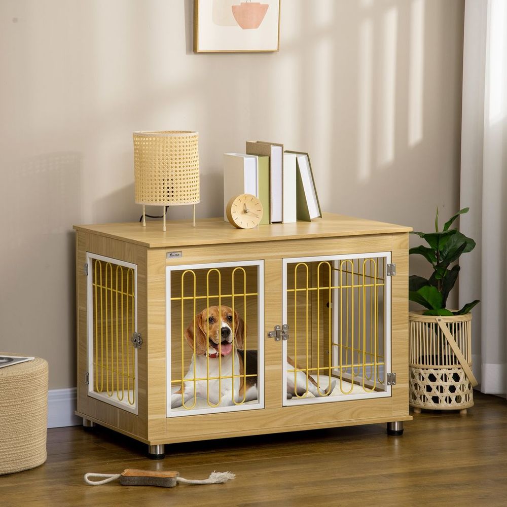 Dog Crate Furniture, Dog Crate End Table w/ Soft Cushion, Double Door - Oak Tone