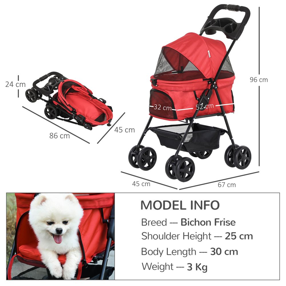 Pet Stroller No-Zip Foldable Travel Carriage with Brake Basket Adjustable Canopy