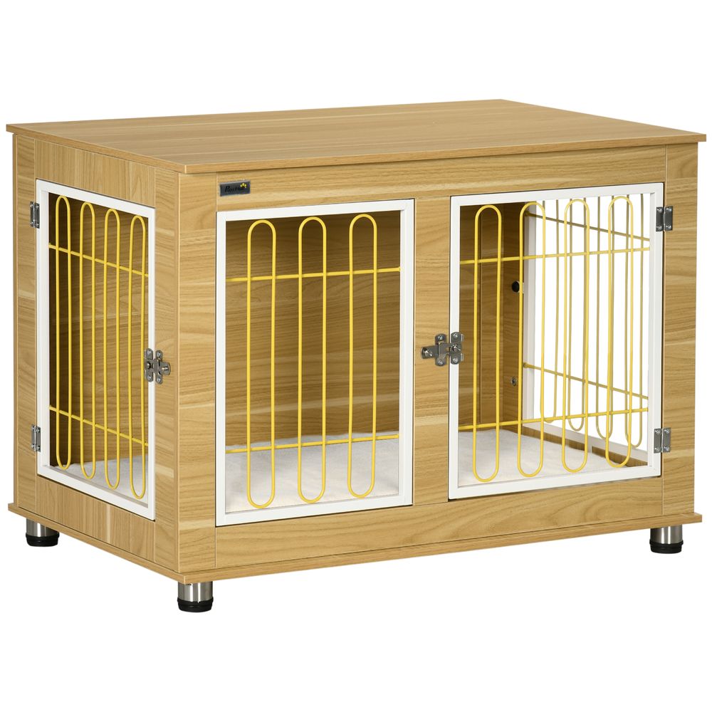 Dog Crate Furniture, Dog Crate End Table w/ Soft Cushion, Double Door - Oak Tone