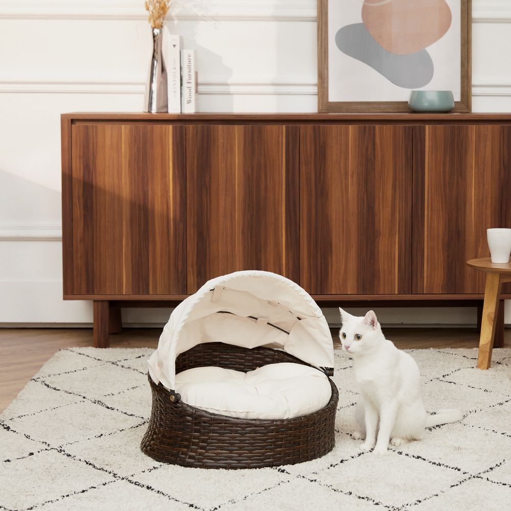 Indoor Outdoor Rattan Cat or Dog Bed, Canopy & Cushion ST-N10004-UK