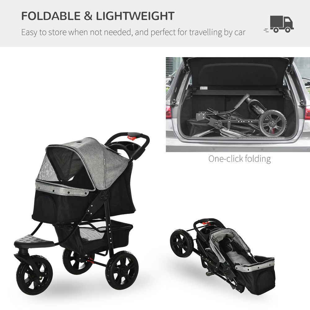 Folding 3 Wheel Pet Stroller Travel w/ Adjustable Canopy Storage Brake Grey