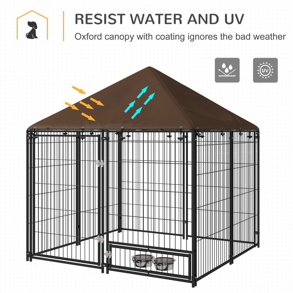 Outdoor Dog House Kennel with Canopy Top & Secure Lock Rotating Bowl Holder