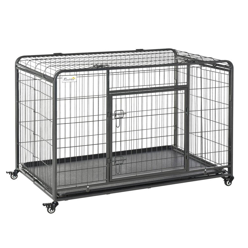 81x125cm Metal Dog Cage Kennel Locking Door & Wheels Extra Large Pets Pawhut