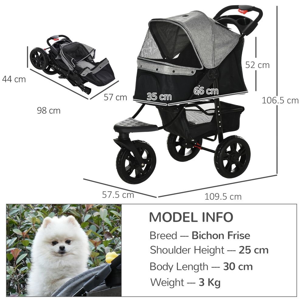 Folding 3 Wheel Pet Stroller Travel w/ Adjustable Canopy Storage Brake Grey