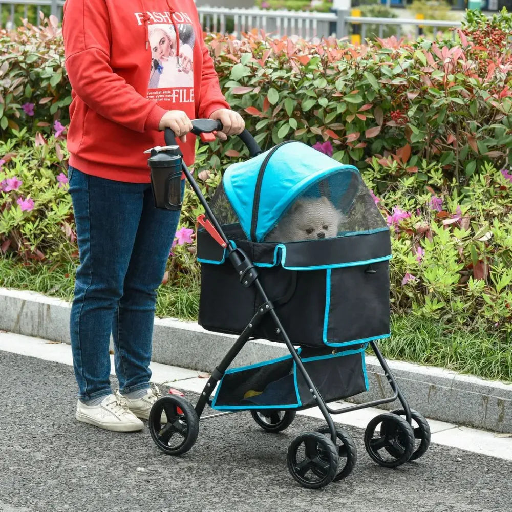 Pet Stroller Foldable Carriage w/ Brake Basket Adjustable Canopy Removable Cloth