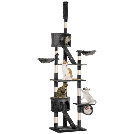 PawHut 240-260cm Floor to Ceiling Cat Tree with Scratching Posts - Dark Grey