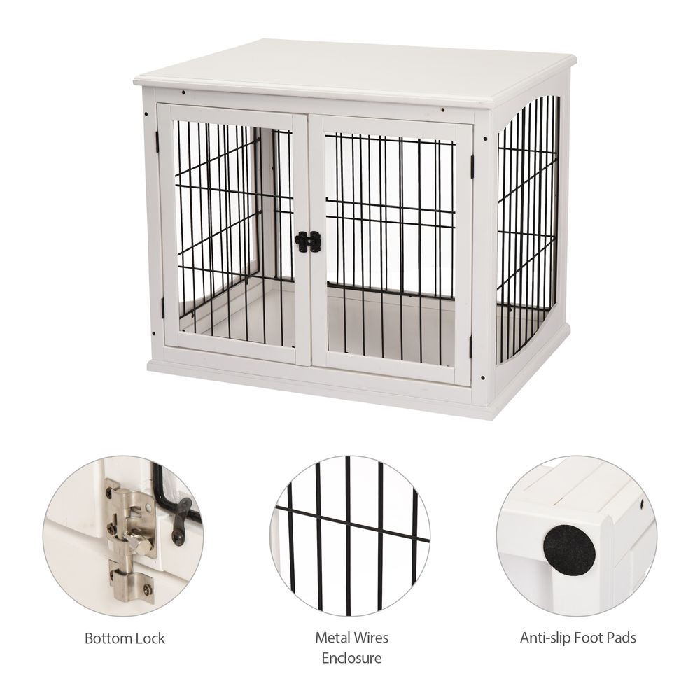 Wooden Dog Crate End Table Pet Puppy Cage w/Metal Wire for Small Dog White