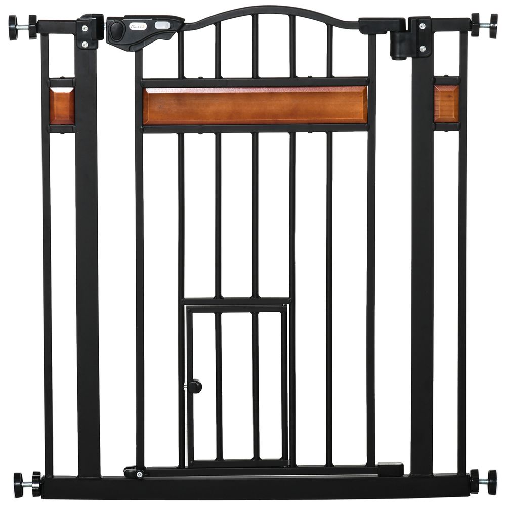 Dog Gate Pet Safety Gate Cat Door Auto Close Pine Decor 74-80 cm Wide Pawhut