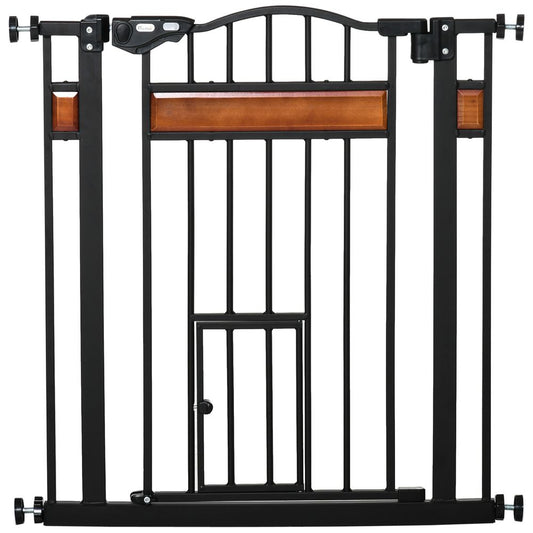 Dog Gate Pet Safety Gate Cat Door Auto Close Pine Decor 74-80 cm Wide Pawhut