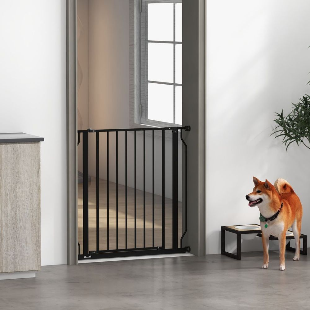 PawHut Dog Gate Wide Stair Gate w/ Door Pressure Fit, 75-85W cm, Black