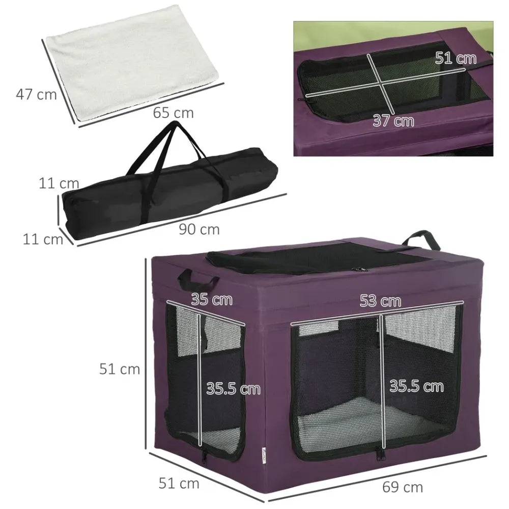 69cm Foldable Pet Carrier Cat Bag w/ Cushion, for Miniature, Small Dogs - Purple