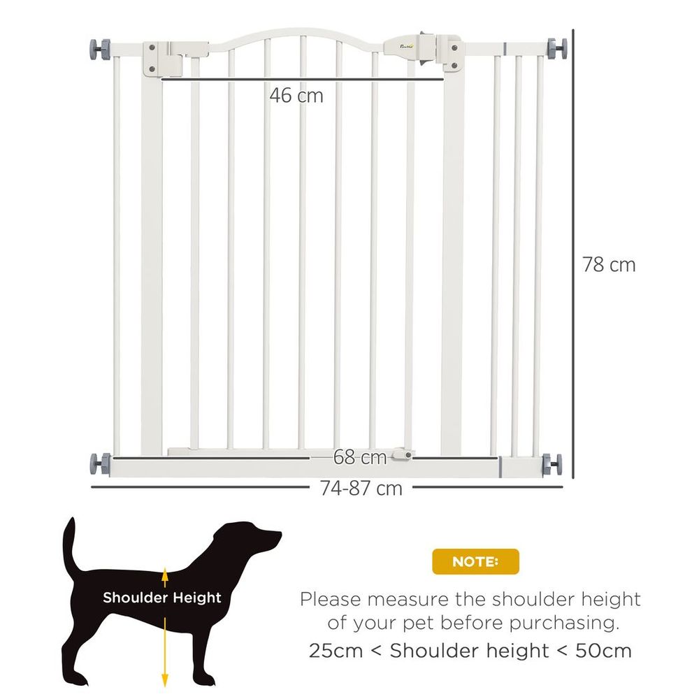 PawHut 74-87cm Adjustable Metal Pet Gate Safety Barrier w/ Auto-Close White