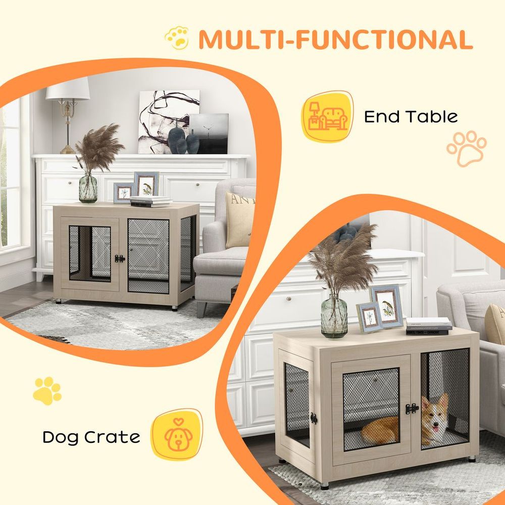 Dog Kennel Furniture End Table w/ Two Doors, Soft Cushion for Large, Medium Dogs