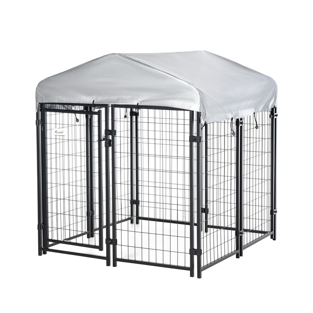 Outdoor Dog Kennel, Metal Dog Run with Canopy, 120 x 120 x 138cm