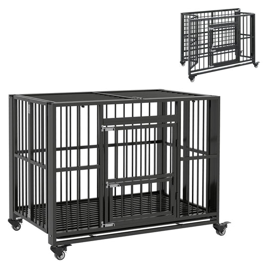 PawHut 43" Foldable Heavy Duty Dog Crate with Locks, Removable Tray, Wheels