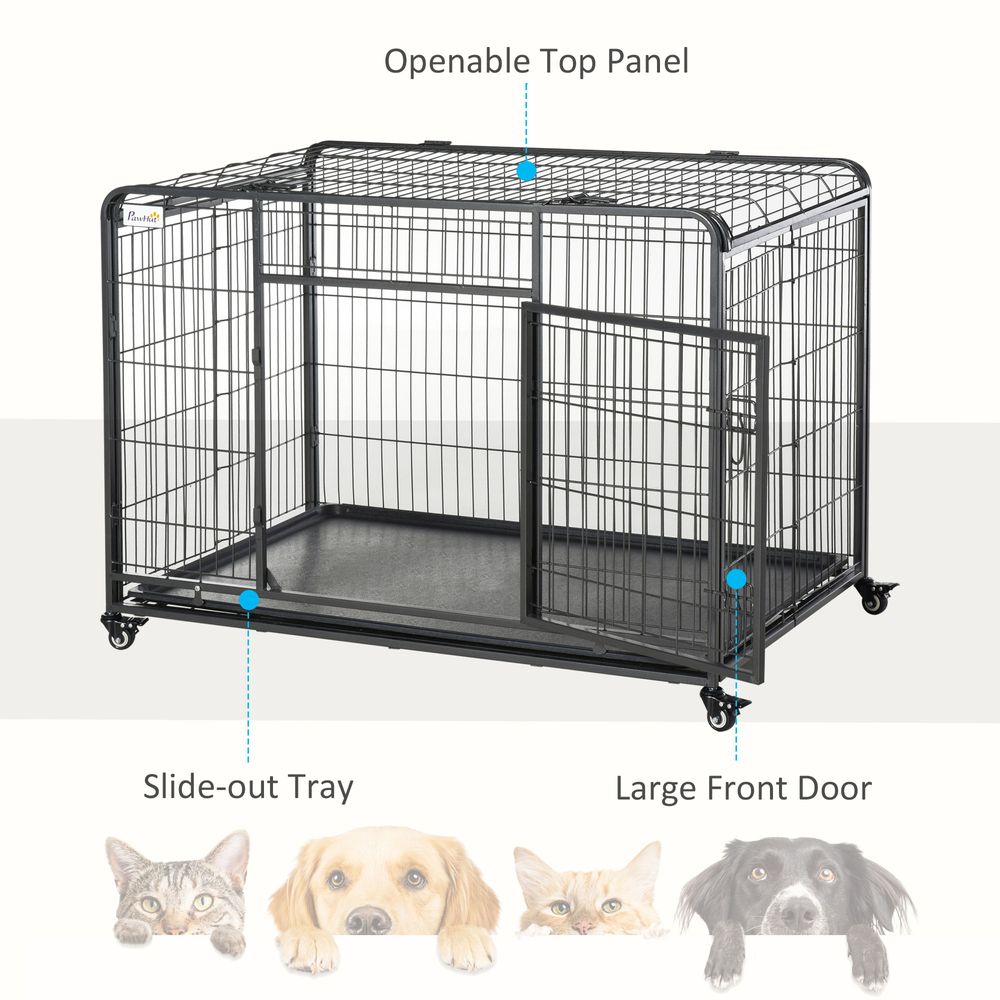 81x125cm Metal Dog Cage Kennel Locking Door & Wheels Extra Large Pets Pawhut