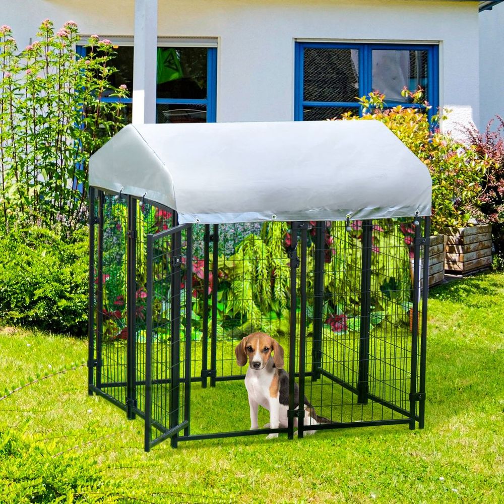 Outdoor Dog Kennel, Metal Dog Run with Canopy, 120 x 120 x 138cm