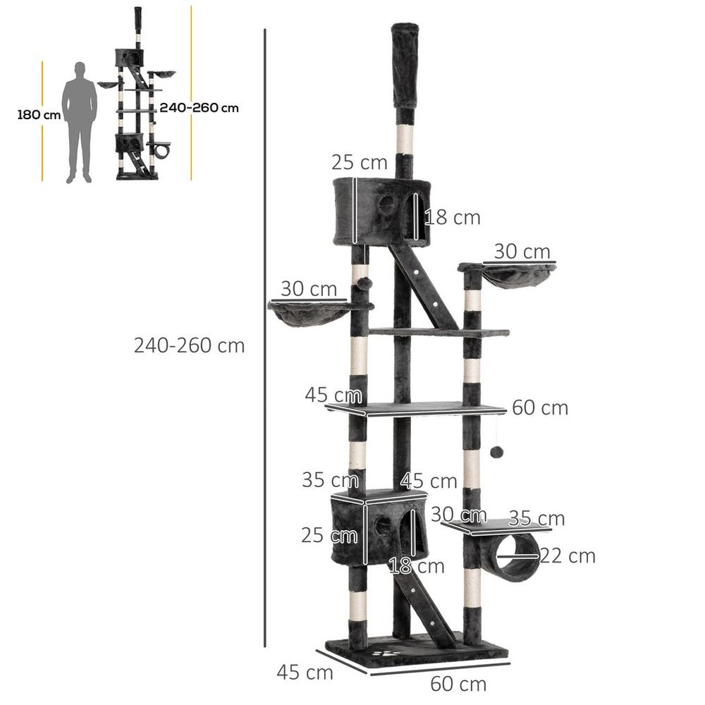 PawHut 240-260cm Floor to Ceiling Cat Tree with Scratching Posts - Dark Grey